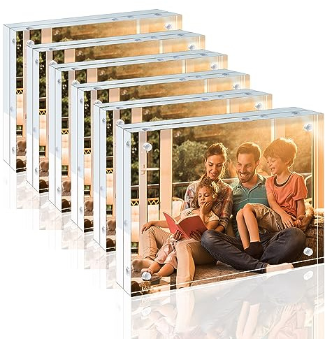 Egofine 5x7 Acrylic Frames 6 Pack, 20mm Thicker Frameless Clear Picture Frames, Double Sided Magnetic Picture Frames, Free Standing Desktop Display