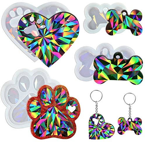 Souarts Resin Silikonform Epoxidharz Formen Holografisch Effekt DIY Harz Silikonformen für Schlüsselanhänger Schultasche Weihnachtsbaum Anhänger Katzenpfote Blumen Herz Form (Weiss Katze, Hund), 18cm