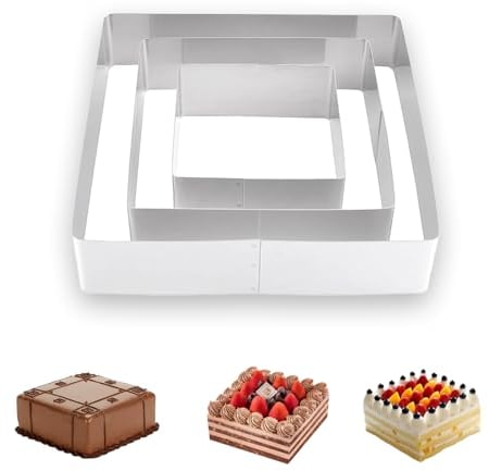 DIKARIYA Cercle a Patisserie, 3 Pièces Moule Cercle à Gateau en Acier Inoxydable Diamètre 10/15/20 cm, Ustensiles à Pâtisserie Cercle a Patisserie pour Pâtisseries Gâteaux Moussés (Carré)