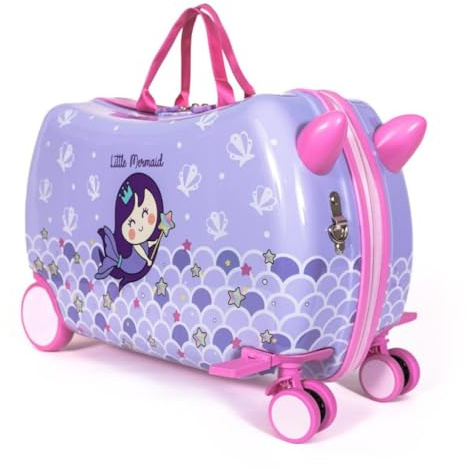 Milk&Moo Befahrbarer Kinderkoffer Kleine Meerjungfrau, zum Sitzen & Ziehen | Rollkoffer, robust & ergonomisch, vordere 360°-Drehräder, klappbare Fußstütze, für Kinder 2–6 Jahre, 21 L