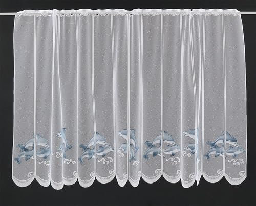 Gardinen Kranzusch Scheibengardine Delfin 90x110 cm H/B weiß grau-blau Bistrogardine Vorhang Küche 1er Pack