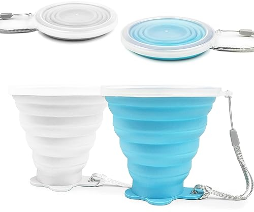 FUZVOL Silicone Foldable Mug with Lid for Camping,2 Pack Collapsible Silicon Cup for Travel,BPA Free Portable Drink Mugs Reusable Cups Retractable Mugs for Outdoor Hiking (Blue+White)