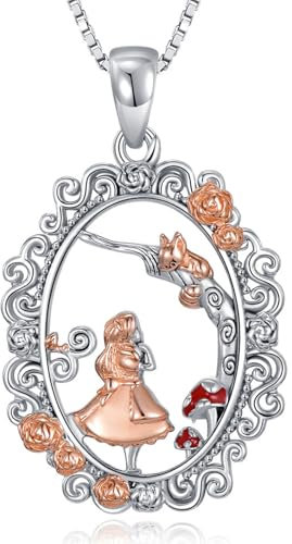 Flpruy Alice Kette für Mädchen 925 Sterling Silber Alice Im Wunderland Halskette Rose Katze Anhänger Alice Schmuck Geschenke für Frauen Mädchen