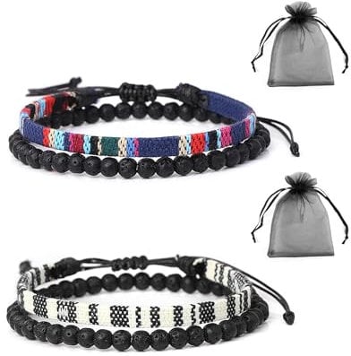 KRYMSON 2 Stück geflochtene Armbänder und 2 Stück zinnoberrote Taschen, Boho-Armbänder, Perlenarmbänder, Sommer-Surfer-Armbänder, Stoffarmbänder, Strandarmbänder, tibetische Armbänder
