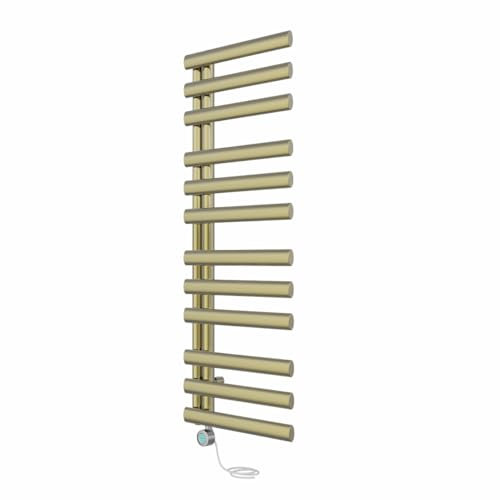 NRG Prefilled Designer Electric Heated Towel Rail Radiator Brushed Brass Bathroom Warmer LCD Screen Thermostatic Heating Element with WiFi 1200x450mm - 600 Watt