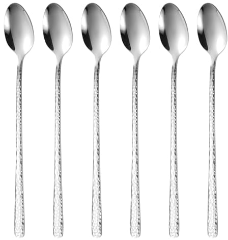 8.4-Inch Hammered Ice Tea spoon Long Handle, Coffee Spoon, Ice Cream spoons, Stainless Steel Cocktail Stirring Spoons, Tea spoon，Set of 6