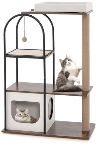 COSTWAY Arbre à Chat avec Cadre en Métal, Tour à Chat de 118 CM avec Condo en Bois, Centre d'Activités pour Chaton avec Griffoir en Jute Et Boule Suspendue, Charge 20 KG Chaque Couche (Blanc)