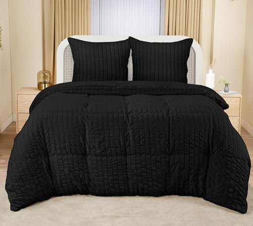 Utopia Bedding Seersucker Bettwäsche 220x240 Set - Mikrofaser Polyester Bettbezug 240x220 cm + 2 Kissenbezüge 65x65 cm - Schwarz