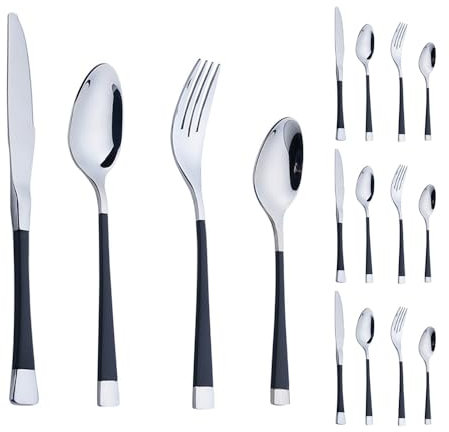 Manche Raffiné Cuisine Acier Inoxydable Argenterie Vaisselle Couverts Couverts Couteaux Fourchettes Cuillères Ensemble Maison Couteau À Steak Cuillère À Dessert (Noir argent,16 pièces)