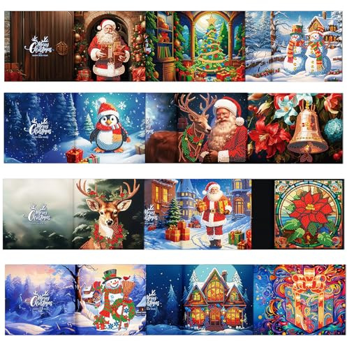 12 Stück 5D DIY Diamant Malerei Weihnachtskarten, Weihnachten manuelle Grußkarten mit Diamant Malerei Werkzeuge und Umschläge, Weihnachten Erntedank Neujahr Grußkarten für Familie Freunde (Grün)