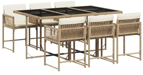 vidaXL Garten Essgruppe 7-TLG., Gartenmöbel Set Tisch mit 6 Stühle, Gartengarnitur mit Kissen, Sitzgruppe Essgarnitur Terrasse, Beige Poly Rattan