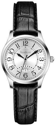 Szaikyri Klassik Uhr für Frauen mit Einfacher Zeit Lese Arabische Ziffern Damenuhren mit Kalender Wasserdicht (Black Silver)