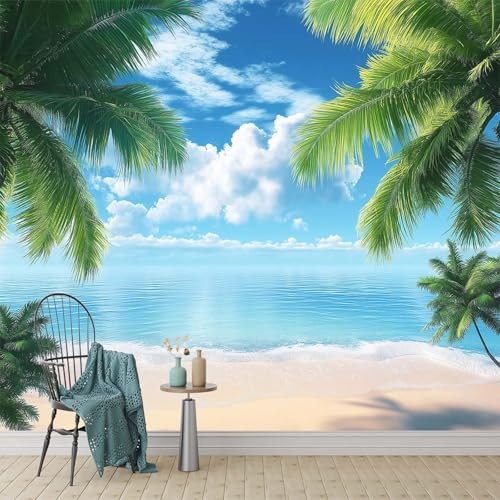 Tropical Palm Trees and Blue Sky Wall Mural Large Beach Photo Wallpaper for Bedroom and Living Room Decoration Beautiful White Clouds and Ocean View 400 x 280 cm