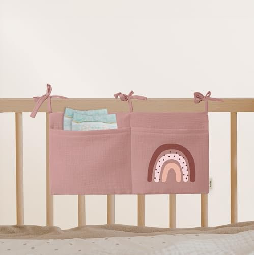 Babybett Aufbewahrungstasche aus 100% Baumwolle Musselin, für das Beistellbett, Babybett, Kinderbett. Ideal zum Verstauen von Windeln, Schnullern (Lovely Rainbow Candy)