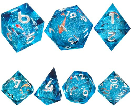 Hsthe Sea Resin DND Würfelset, polyedrischer Flüssigkern Koi Fisch DND Würfel mit Box, D und D RPG Rollenspielwürfel