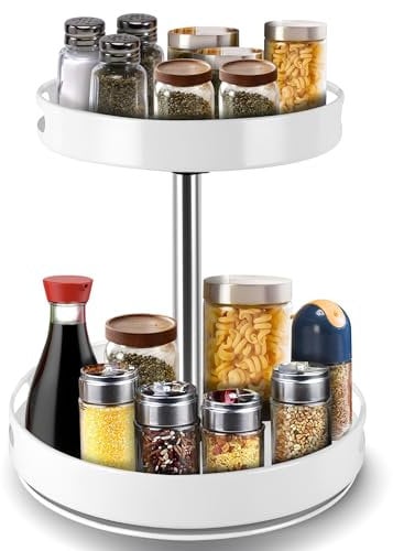 MEKOTRIN Rotating Spice Rack 2-Tier, Turntable Lazy Susan Height Adjustable, 360° Rotating Condiment Holder - Spice Organiser for Kitchen Storage, Cosmetic Storage, Fruit Basket(White)