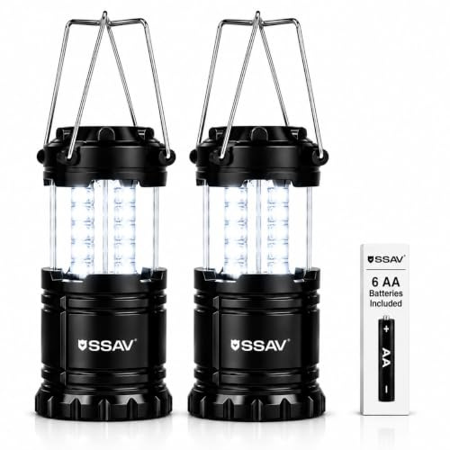 SSAV Paquete de 2 linternas LED alimentadas por pilas con pilas para cada | 30 LED brillantes | Iluminación 360 | Impermeable | Cuerpo ABS | Diseño plegable | Interior y exterior