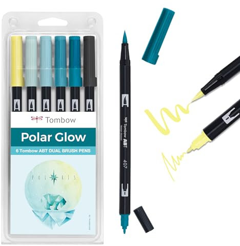 Tombow ABT Lot de 6 stylos à double pinceau, Polar Glow, à deux pointes, parfaits pour le lettrage à la main et le bullet journal, aquarellables [ABT-6P-POLAR]