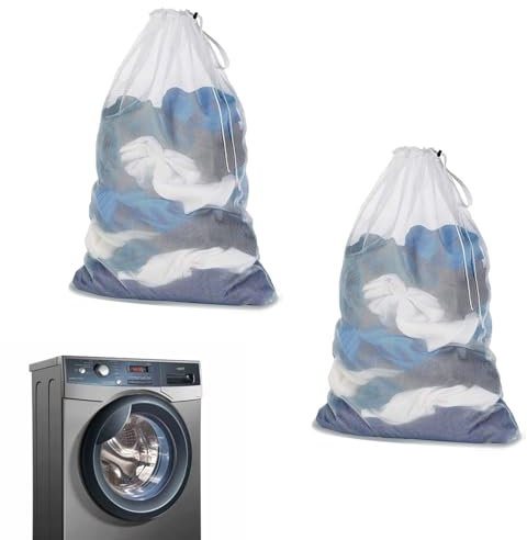 2Pcs Mesh Laundry Wash Bag, 60x90cm/23.6x35.4inch Net Bags Laundry Bags with Drawstring,White Wash Bag Drawstring Washing Machine Bag Large Laundry Bag for Clothes, Beddings,Tablecloth,Curtain