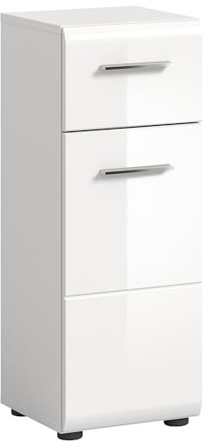 Newroom Kommode Weiß Hochglanz schmal Badezimmer Unterschrank modern | 1 Schublade plus Tür mit Einlegeboden, Bügelgriff, schwarze Füße, Sideboard, Highboard, für kleine Bäder
