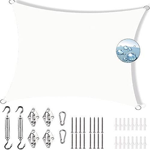 Voile d'ombrage imperméable 2 x 4,5 m avec kit de fixation, idéal pour extérieur, terrasse, jardin, cour, fête, anti-poussière et coupe-vent, blanc