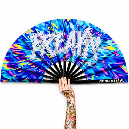 WONKIWEAR Fan, Folding Handheld, Glow UV Reactive Design, Large Strong Black Bamboo. Unisex for Raves, Festivals, Concerts, Drag, Gay Pride (UV Freaky, Large)