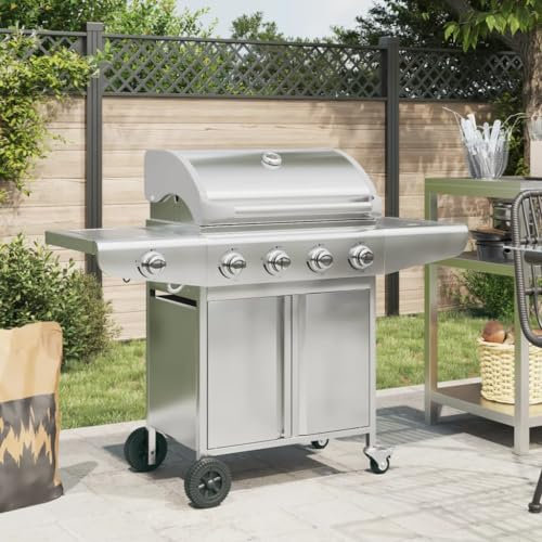 Lechnical Gas BBQ Grill with 5 Burners Silver Stainless Steel,Gas Barbecue,Gas Barbecue BBQ Grill-367592
