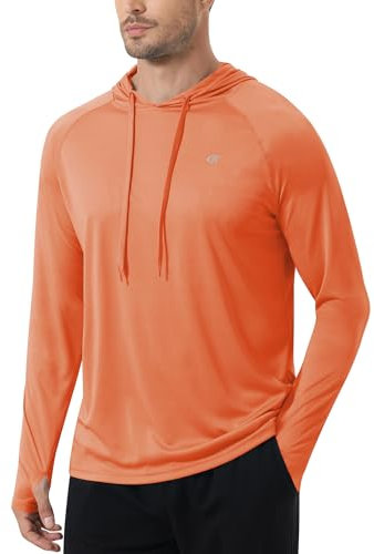 Tyhengta Mens Long Sleeve Hooded T-Shirt Sun Protection Hoodie UPF 50+ Rash Vest Summer UV Shirts Surfing Rashguard Grey Orange,L