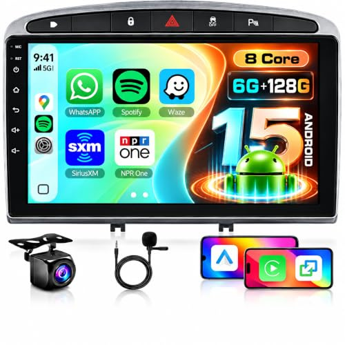 [6G+128G] 8 Cœurs Autoradio pour Peugeot 308 408 2007-2015 Android Autoradio Bluetooth GPS, Hodozzy Écran Tactile 9 Pouces Post Radio avec Carplay sans Fil Android Auto, WiFi, DSP, FM RDS Caméra