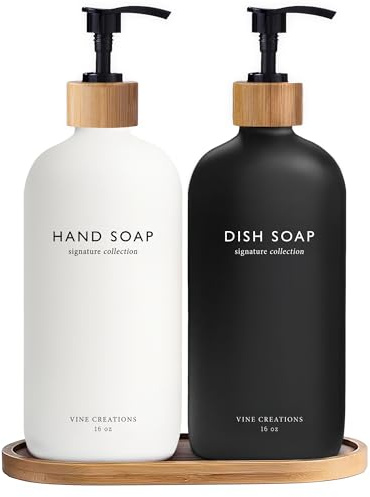 Vine Creations Set dispenser di sapone in vetro, dispenser di sapone per le mani e per piatti, con vassoio in bambù, dispenser in vetro da 473 ml, per cucina e bagno, decorazione moderna bohémien con