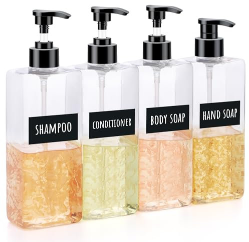 Segbeauty Distributeur Gel Douche, 4 Pièce 500ml Flacon Pompe Vide, Contenant Liquide Vaisselle en Plastique, Contenant Shampoing avec Etiquettes (Transparent)