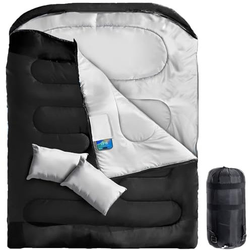 Double Sleeping Bag King Size Adult Two Person Camping Sleeping Bag Suitable for 4 Seasons Complete with Pillow & Internal Pocket for Hiking Indoor or Outdoor Adventures Cotton Black