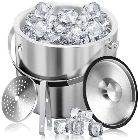 Edelstahl Eisbehälter 2L mit luftdichtem Deckel,Sieb und Eiszange,Eiswürfelbehälter doppelwandiger, Eisbehälter für Eiswürfel Ideal zum Kühlen von Bier Champagner Wein und Obst