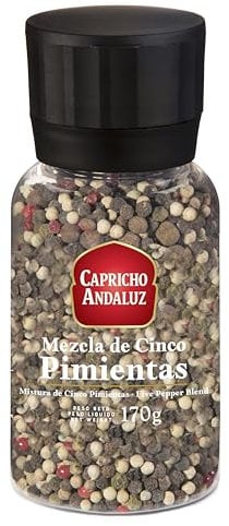 CAPRICHO ANDALUZ Molinillo Mezcla 5 Pimientas 170gr- Condimento Perfecto para Añadir un Toque Picante y Aromático a tus Carnes y Comidas.