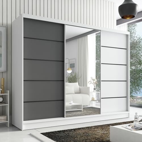 A&J MöbelLand Kleiderschrank Aurelia 2 – Schwebetürenschrank 200 cm breit mit Spiegel, 3-türig, Kleiderschrank mit Schubladen, Schiebetürenschrank für Schlafzimmer oder Garderobe