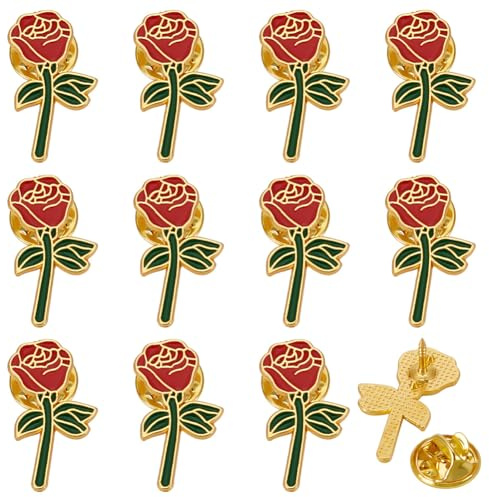 FINGERINSPIRE 12 Stück Rosen Anstecknadeln Rote Emaille Legierung 25.5x15mm | Blumen Emaille, Legierung Rosenbrosche, Florale Broschennadeln, Für Kleidung Rucksack, Für Männer Frauen, Hochzeit Liebhaber