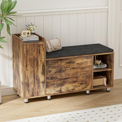 BonVache Schuhbank mit Sitzfläche, Klappfach mit Verstellbarer Trennwand, Höhenverstellbar, Schuhschrank mit Stauraumtüren und 3 Offener Lagerplatz, Schuhregal für Flur, 105 x 34 x 67cm, Braun