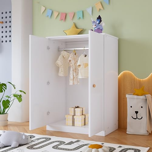 RIAZOS Kleiner Kleiderschrank mit Stange, Doppeltüriger Design Kinderkleiderschrank, Schlafzimmer, Wohnzimmer, 80 x 50 x 120 cm, Weiß