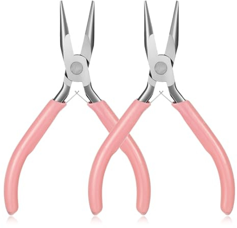 Qulkws Mini Needle Nose Pliers Set, 2Pcs Needle Nosepliers for Jewelry Making, Pink Jewelry Chain Nose Plier, Small Craft Plier with Smooth Jaw and Comfort Grip Handle for Wire Bending Object Grasping