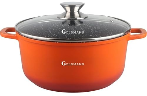GOLDMANN Kochtopf aus Aluminiumguss, 28 cm - 6.5 L, antihaftbeschichtete Keramik-Marmor-Optik, Glasdeckel, induktions- und für alle Herdarten geeignet, ofenfest und PFOA-frei