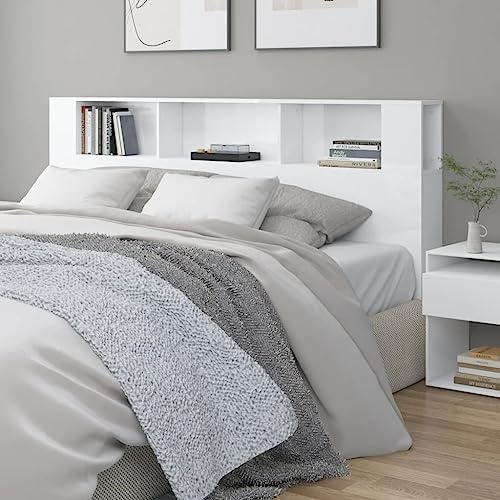 QJBSAVVA Kopfteil Regal Hochglanz Weiß 200x18,5x104,5 cm mit 3 Ablagefächern Holzwerkstoff Stabiler Halt Modernes Design für Schlafzimmer Bett