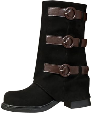 Generisch Women's Fold Over Boots Chic Loose Calf Boots Wide Fit Wide Shaft Boots with Buckles High-High Boots Bock Heel Suede Boots for Casual Outfits, black, 8.5 UK