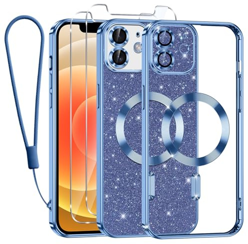 Tikfrlo Glitter Magnétique Coque pour iPhone 12 avec Cordon, Compatible avec MagSafe Antichoc Brillant Paillette Housse Étui Transparent Protection Case avec 2 Verre Trempé pour Femme et Fillese Bleu