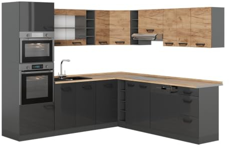 Vicco Eckküche R-Line, Anthrazit-Goldkraft Eiche/Anthrazit, 247 x 237 cm | zweifarbige Schränke, AP Eiche, für variable Küchenplanung und modulare Erweiterung