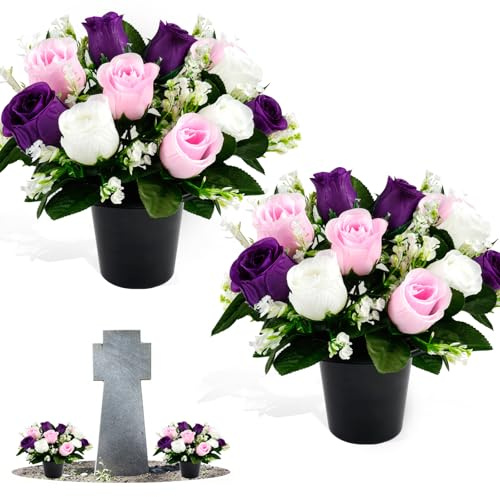 Maxmoc Künstliche Blumen für Gräber, 25 cm, Grabblumentöpfe, Weihnachtsdekoration, Friedhofsblumen, Dekoration mit 12 Rosen für Friedhof, Beerdigung, Gedenkstätte, Grabdekoration (weiß + lila)