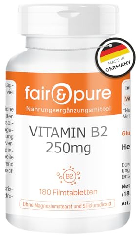 Fair & Pure Vitamin B2 250mg, 180 stycken, 250mg vitamin B2 (riboflavin) per tablett, lätt att svälja, veganskt kosttillskott utan tillsatser, tillverkat i Tyskland
