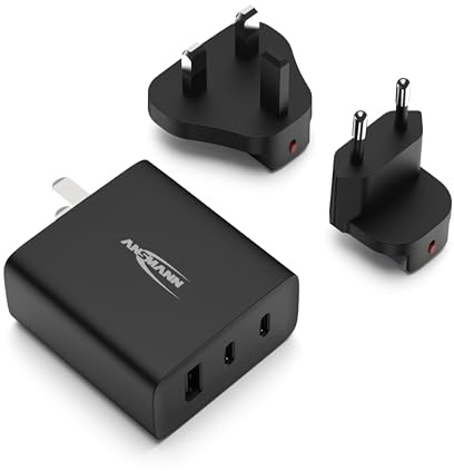 ANSMANN Universal Reiseadapter Schnellladegerät, Multiport Travel Charger Weltweit Kompatibel USB C A für Smartphones Tablets Laptops - EU/UK/US Stecker in schwarz, kompakt & leicht