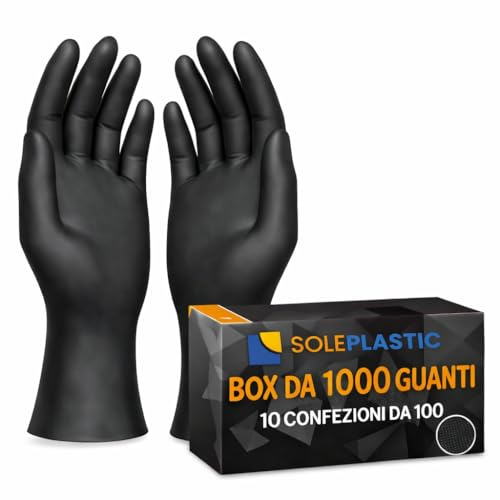 SOLEPLASTIC 1000 Guanti Nitrile Neri (TAGLIA M) - 10 Confezioni da 100 - Senza Lattice e Senza Polvere, Guanti Monouso Idonei per Alimenti, Uso Medico, Cucina, Tattoo e Non Solo