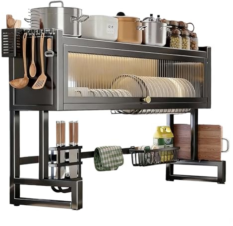 Estante para secar platos sobre el fregadero de 3 niveles con tapa, estante para platos sobre el fregadero cocina pequeña,organizador de escurridor espacio vasos,tazones y cubiertos black 85*30*80CM