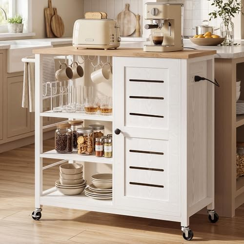 IRONCK Kitchen Island on Wheels with Power Outlets, Rolling Kitchen Trolley with Storage Cabinet & Open Shelves, Wooden Utility Cart with Towel Rack & Hooks for Small Spaces, White & Oak